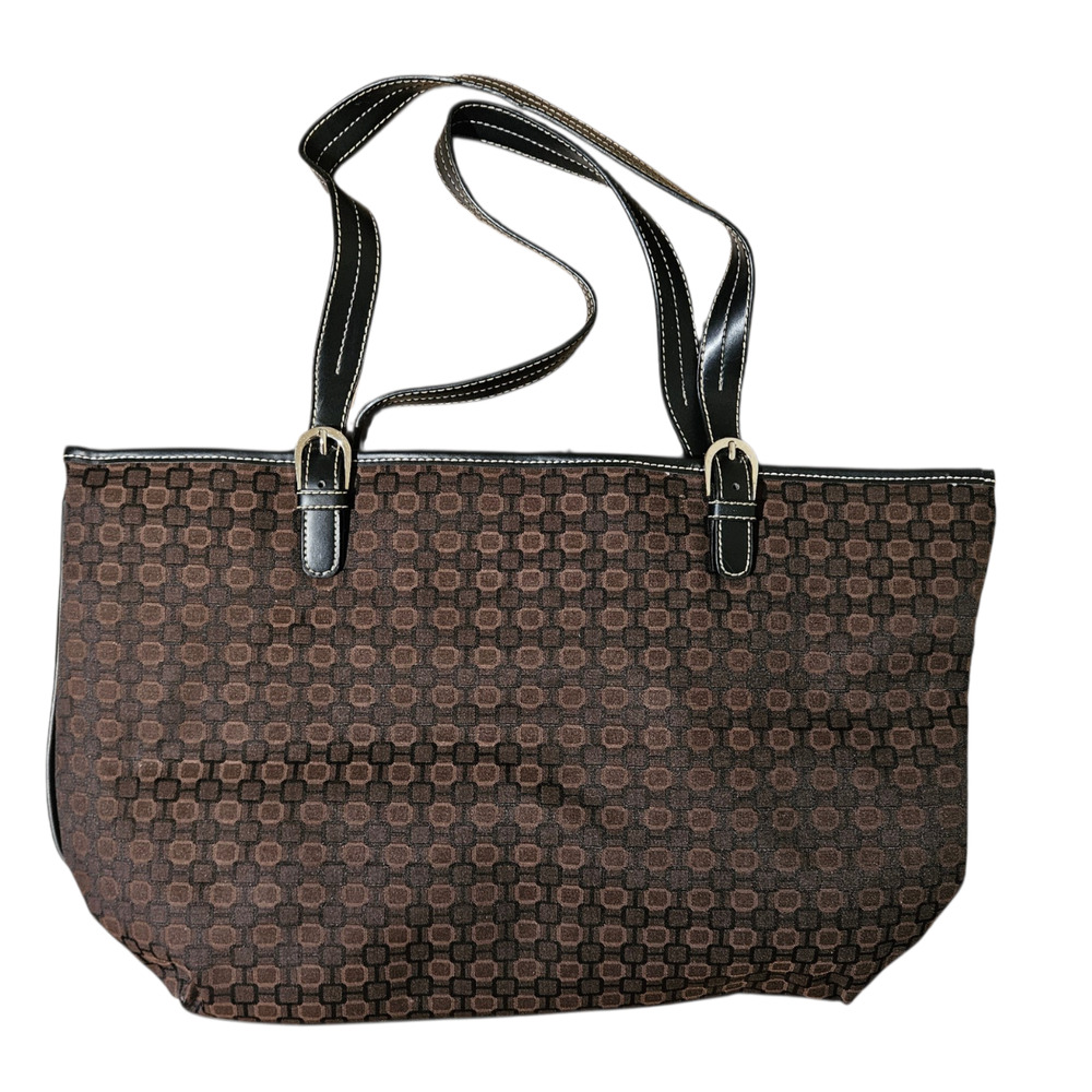 Nine West Brown Geometric Monogram Shoulder Tote Bag Black Trim Y2K Office
